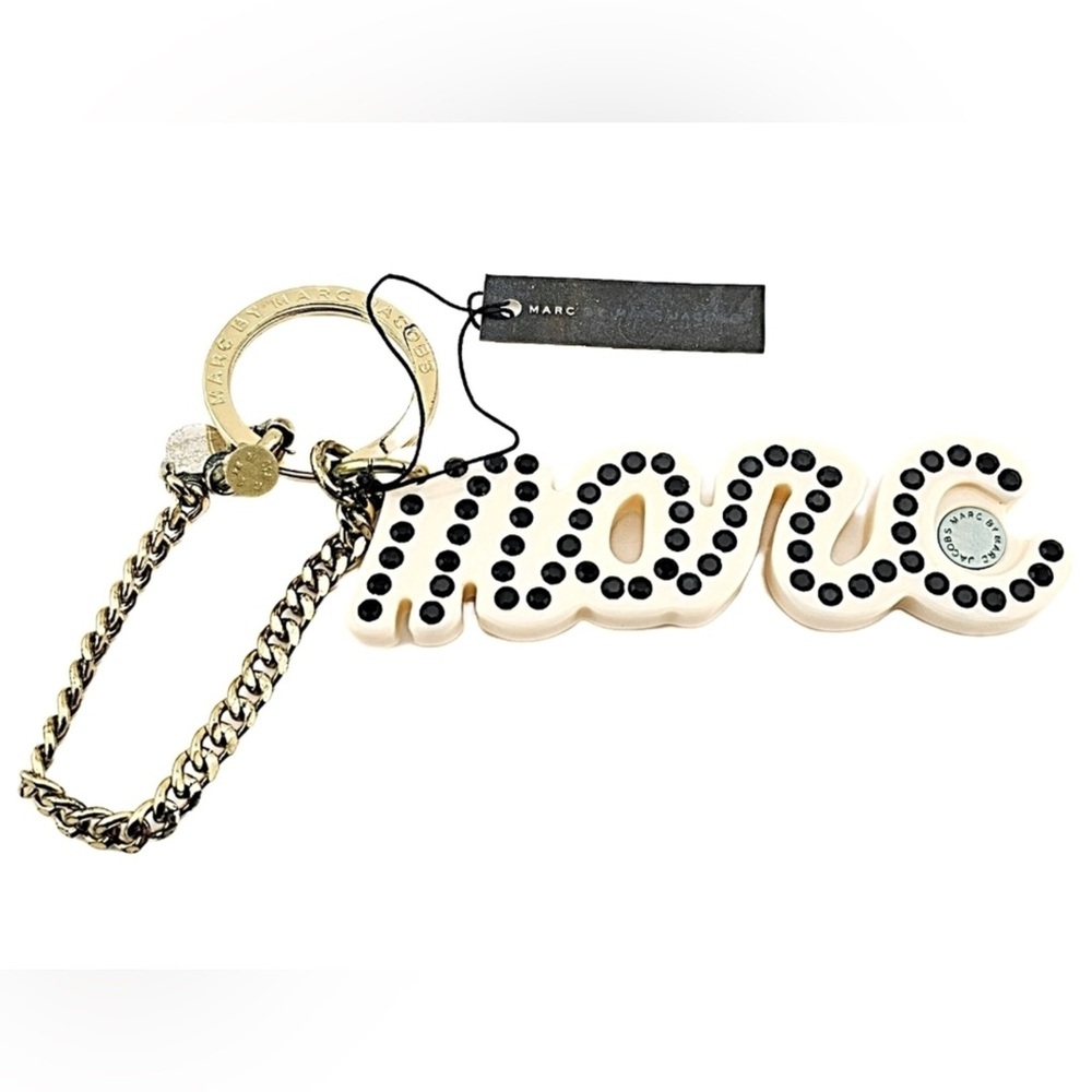 Marc Jacobs White and Black Logo Keychain with Gold Chain